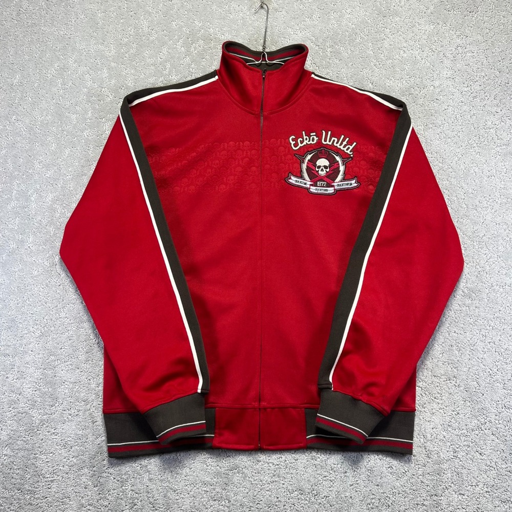 VINTAGE Y2k Ecko Unltd Track Jacket Size L Red Striped Skulls Embroidered Skate